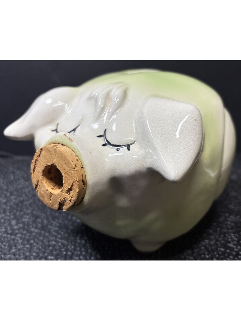 VTG MCM 1950s Hull Pottery Corky Pig Piggy Bank Green & White w/Original Cork